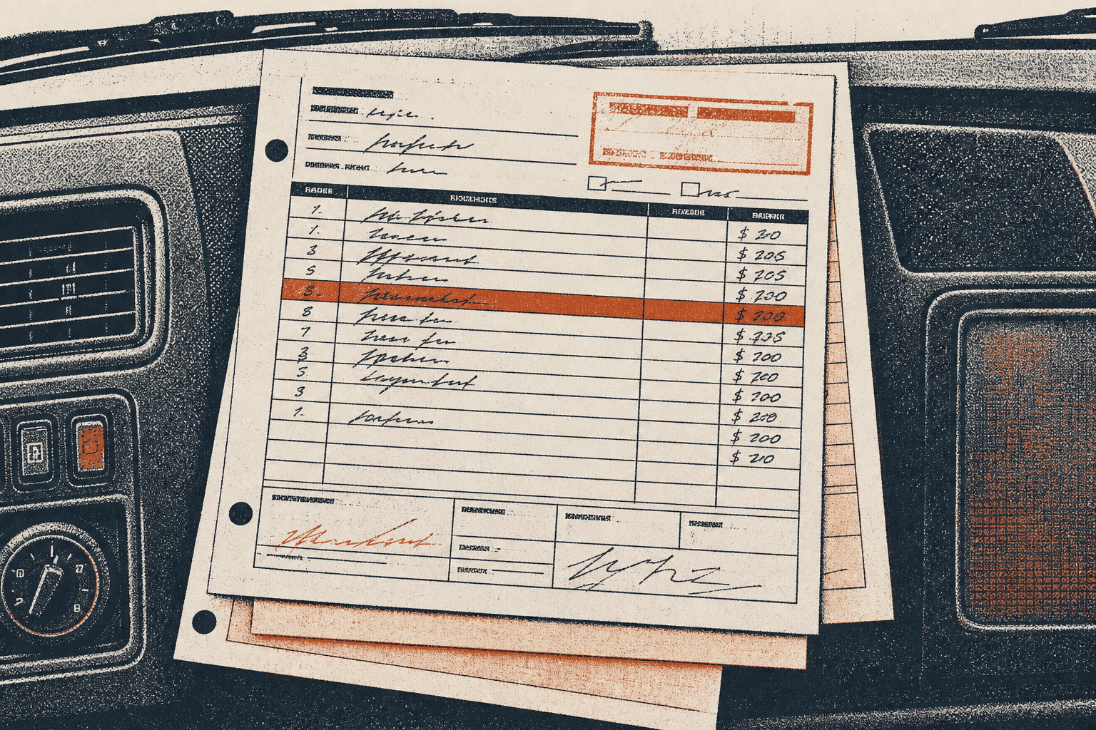 A triplicate work order on a truck dashboard, one row marked in orange.