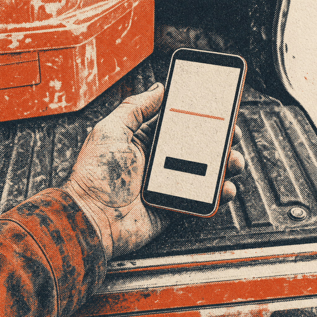 A hand holding a phone on the edge of a truck bed, one line of text and one button on screen.